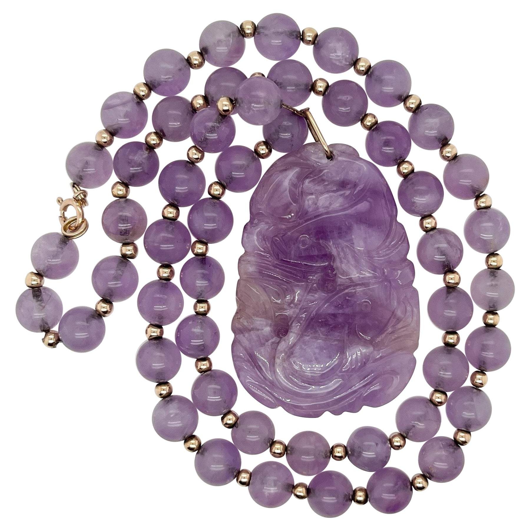 14K Yellow Gold & Vintage Cape Amethyst Hand Carved Bead Necklace 18" New 