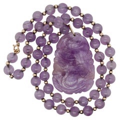 Vintage Chinese 14K Gold & Purple Jade Pendant Beaded Necklace