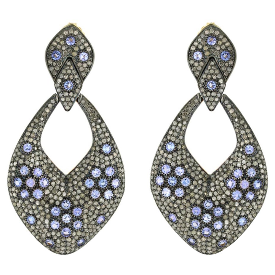 Pave Diamond Dangle Earrings Equipped with Tanzanite in 14k Yellow Gold & Silver For Sale