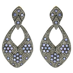 Pave Diamond Dangle Earrings Equipped with Tanzanite in 14k Yellow Gold & Silver