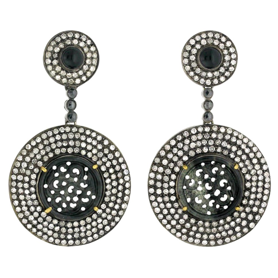 Carved Black Jade Double Circle Pave Diamonds Earrings In 18k Gold & Silver For Sale