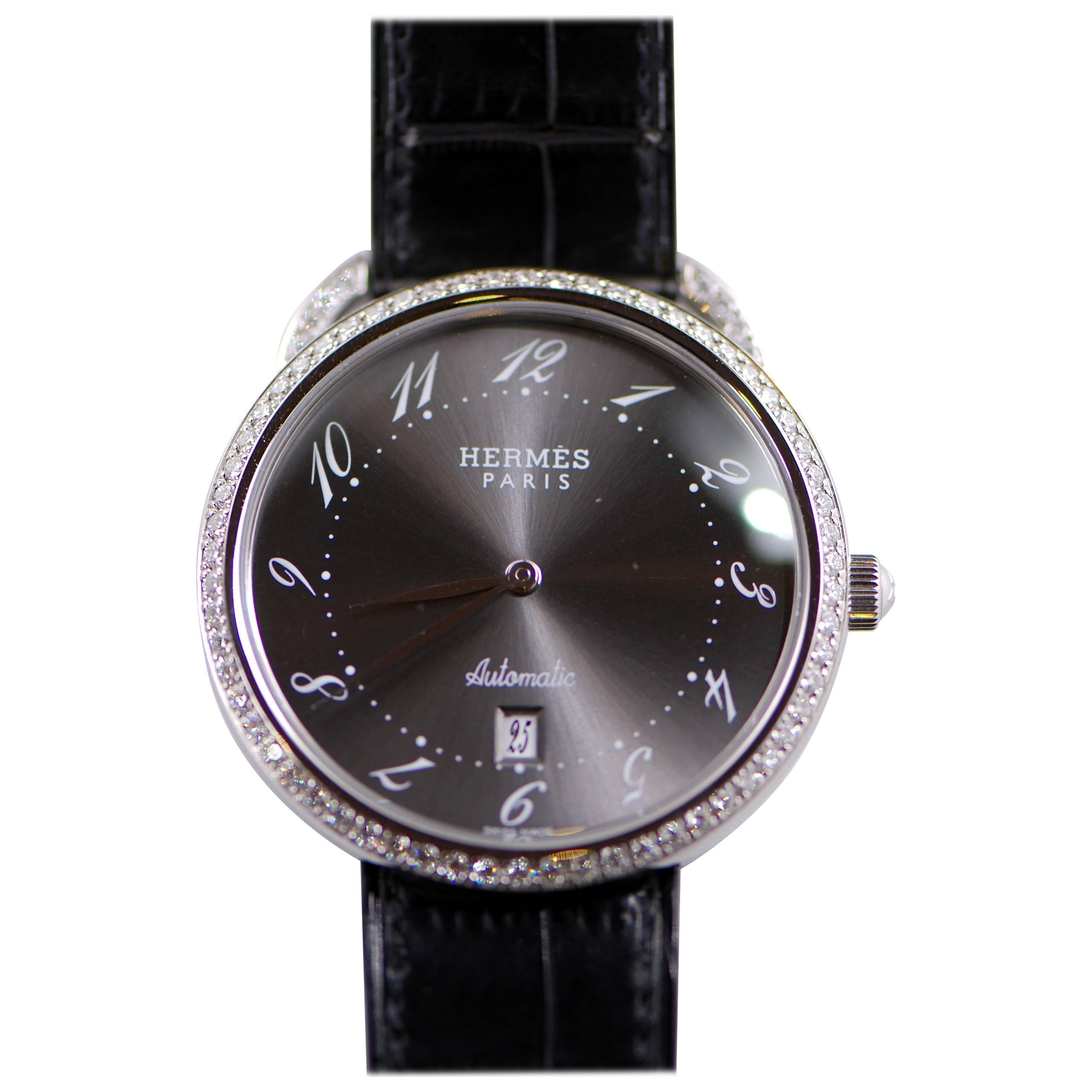Hermes White Gold Diamond Arceau Automatic Wristwatch