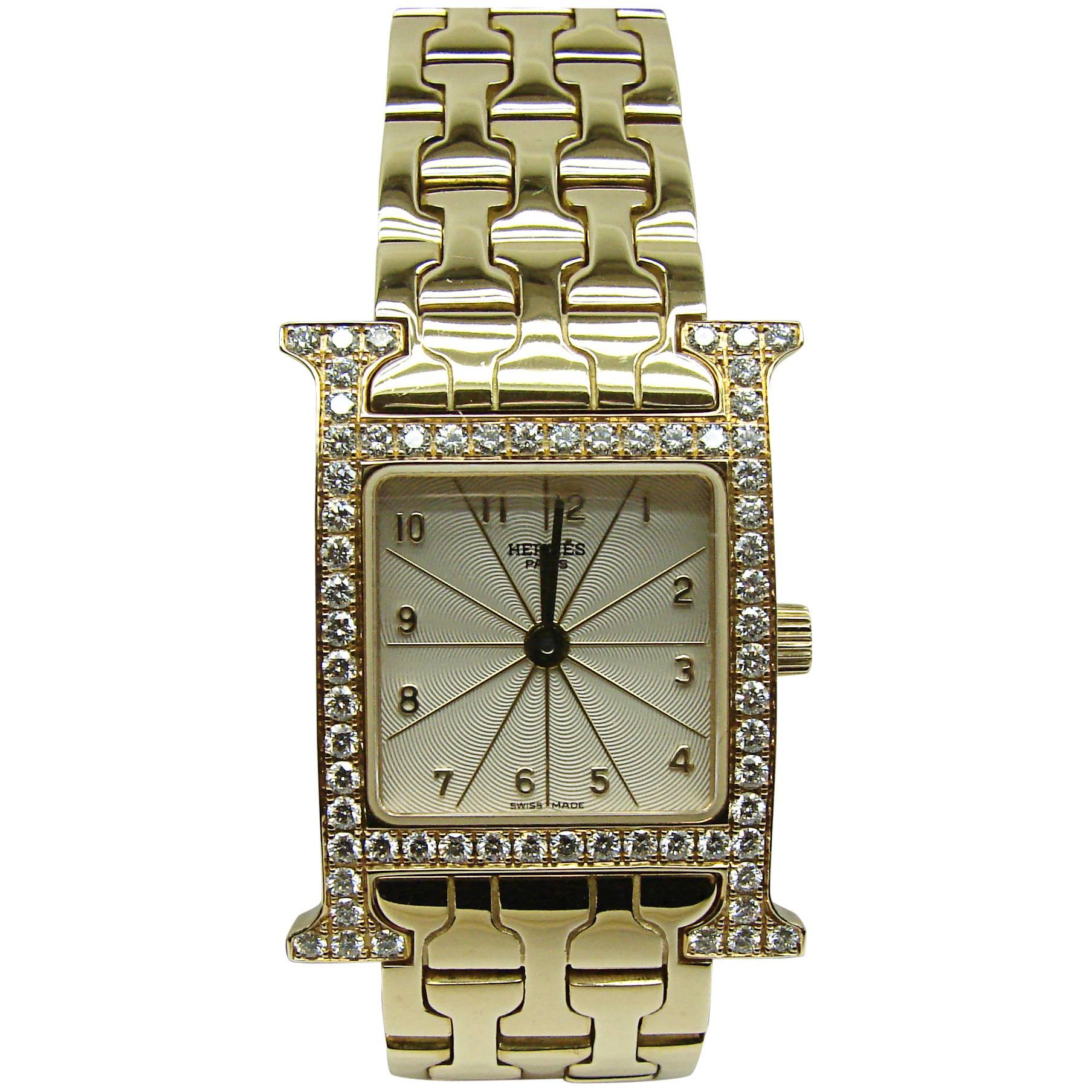Hermes Lady's Yellow Gold Diamond Heure H Quartz Wristwatch