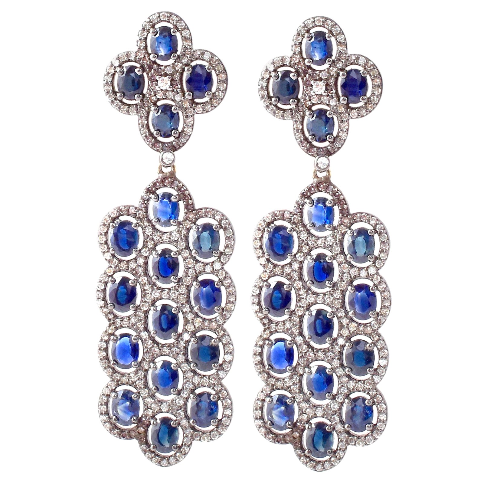 9.94 Carats Oval-Cut Blue Sapphires and Diamond Cluster Drop Earrings For Sale