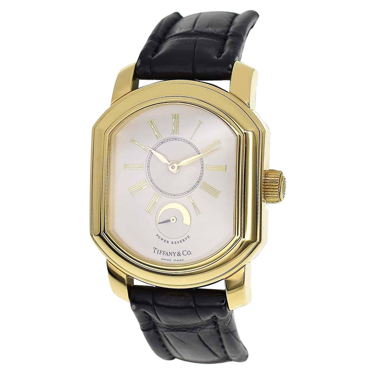 Tiffany & Co. 18 Karat Yellow Gold Black Leather Strap Mark Coupe Watch