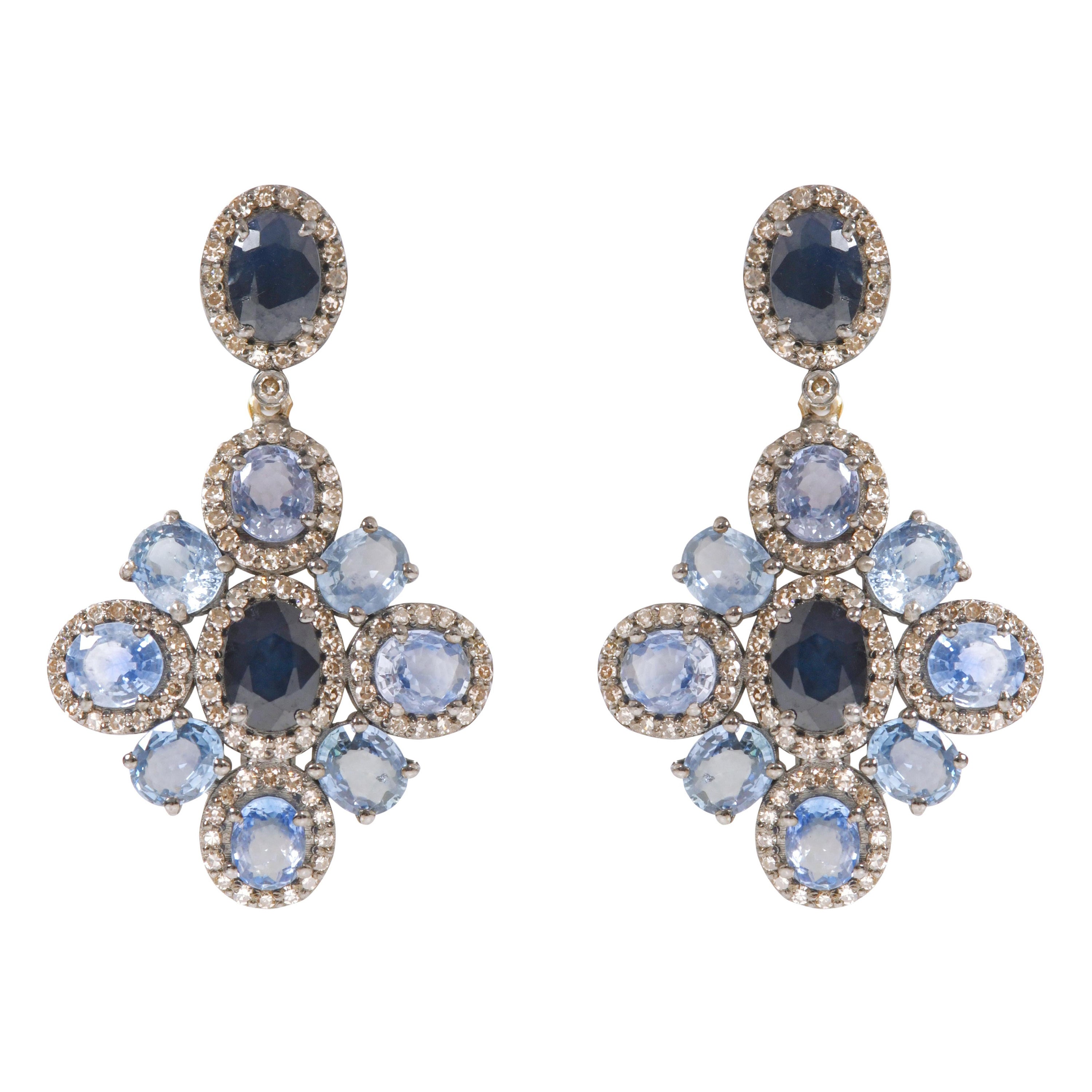 14.17 Carat Blue Sapphire and Diamond Dangle Earrings in Art-Deco Style