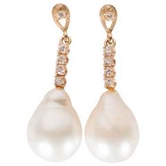 Hanging Pearl Diamond Gold Drop Earrings