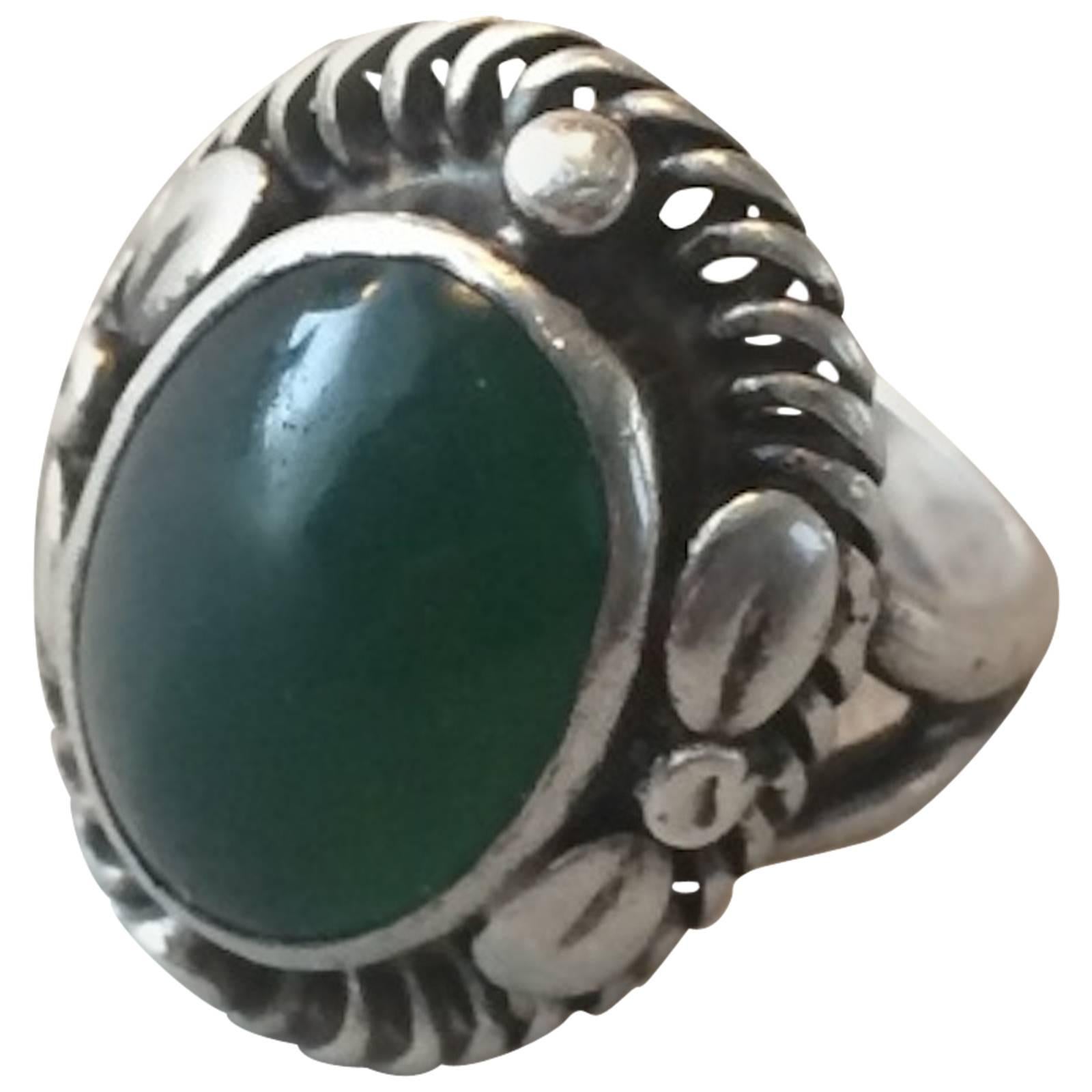 Georg Jensen 830 Green Agate Silver Cabochon Ring No. 1