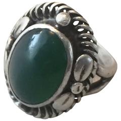 Antique Georg Jensen 830 Green Agate Silver Cabochon Ring No. 1