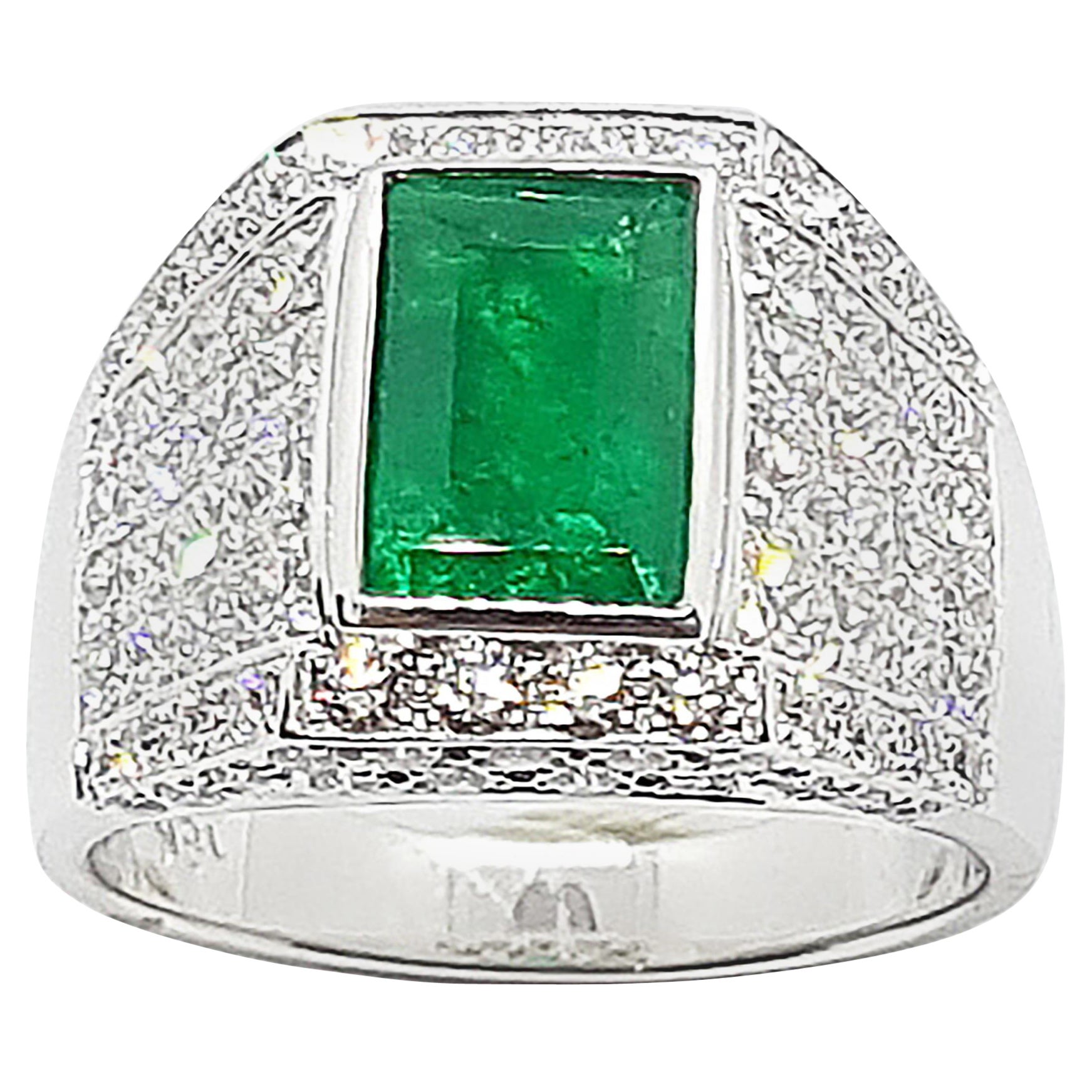 Emerald with Diamond Ring Set in 18 Karat White Gold Settings For Sale