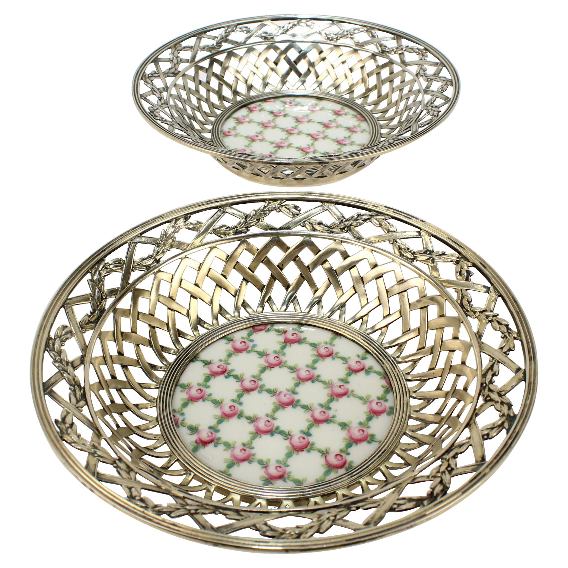 Pair of Antique Reticulated Sterling Silver Bowls with Sevres Porcelain Plaques For Sale