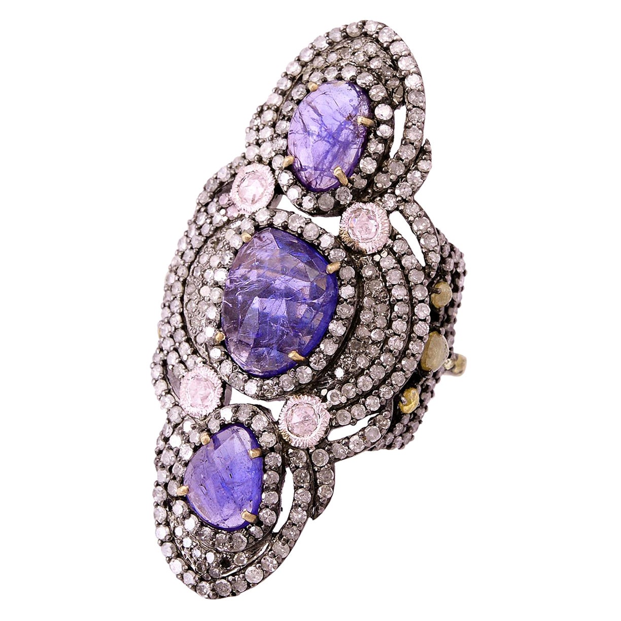 Long Ring with Tanzanites Stones & Ice Diamonds Surrounded by Pave Diamonds For Sale