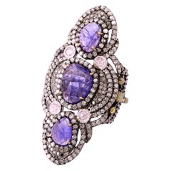 Long Ring with Tanzanites Stones & Ice Diamonds Surrounded by Pave Diamonds