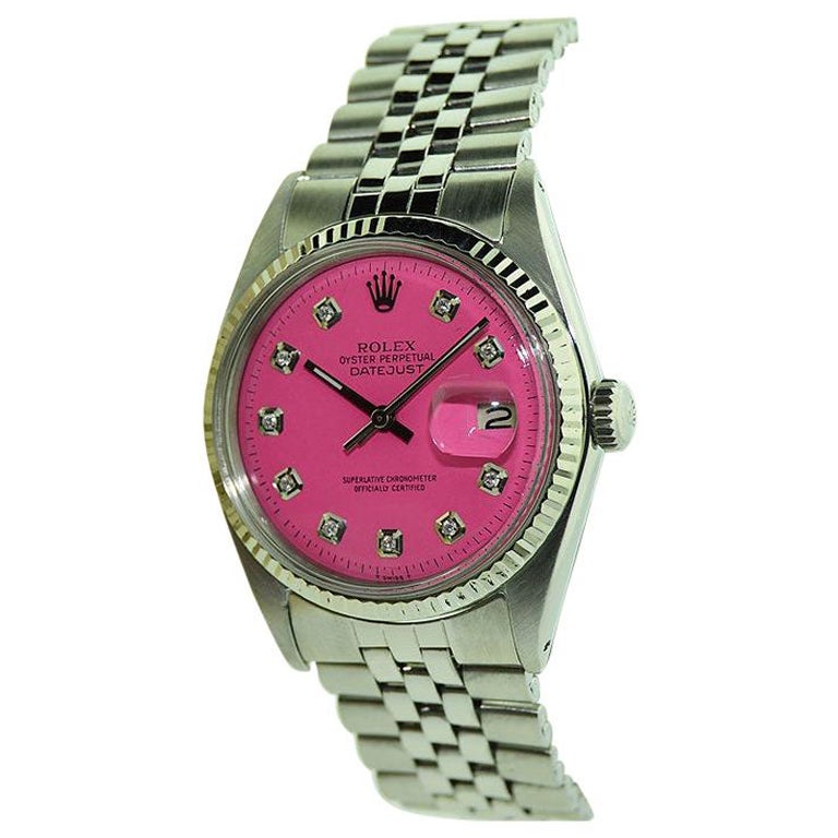 Rolex Steel Datejust with Custom Pink Dial, Early 1970's For Sale