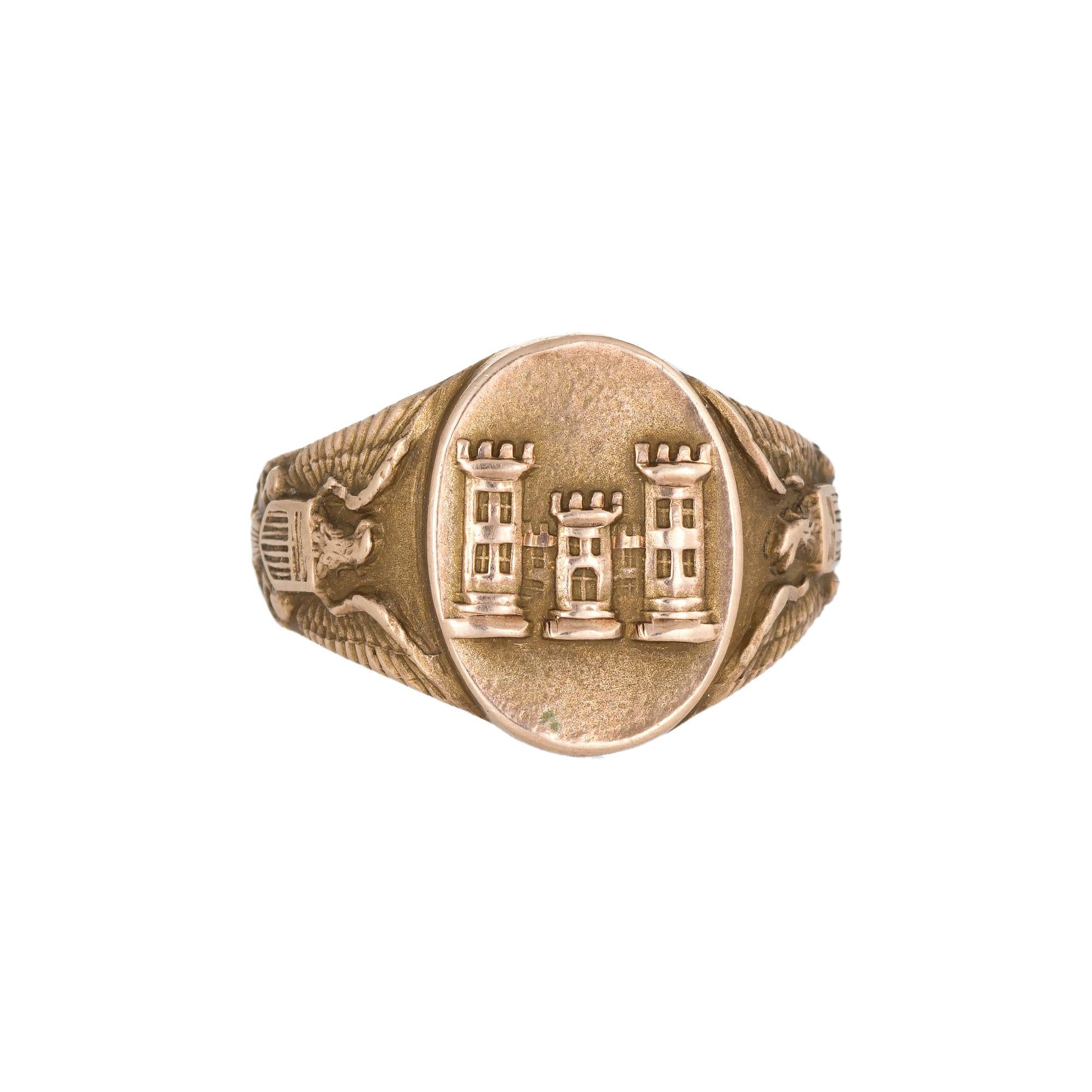 US Army Corps of Engineers Signet Ring Antique Edwardian c1918 10k Gold Sz 5.25