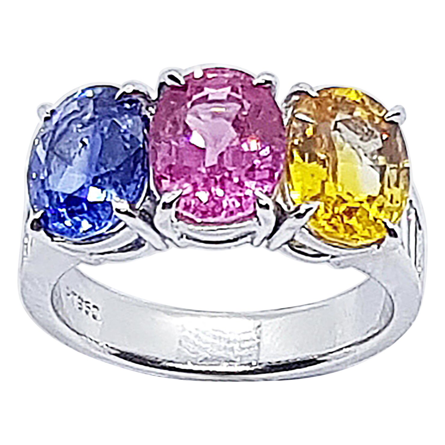 Pink Sapphire, Blue Sapphire, Yellow Sapphire Ring 18 Karat White Gold Settings For Sale