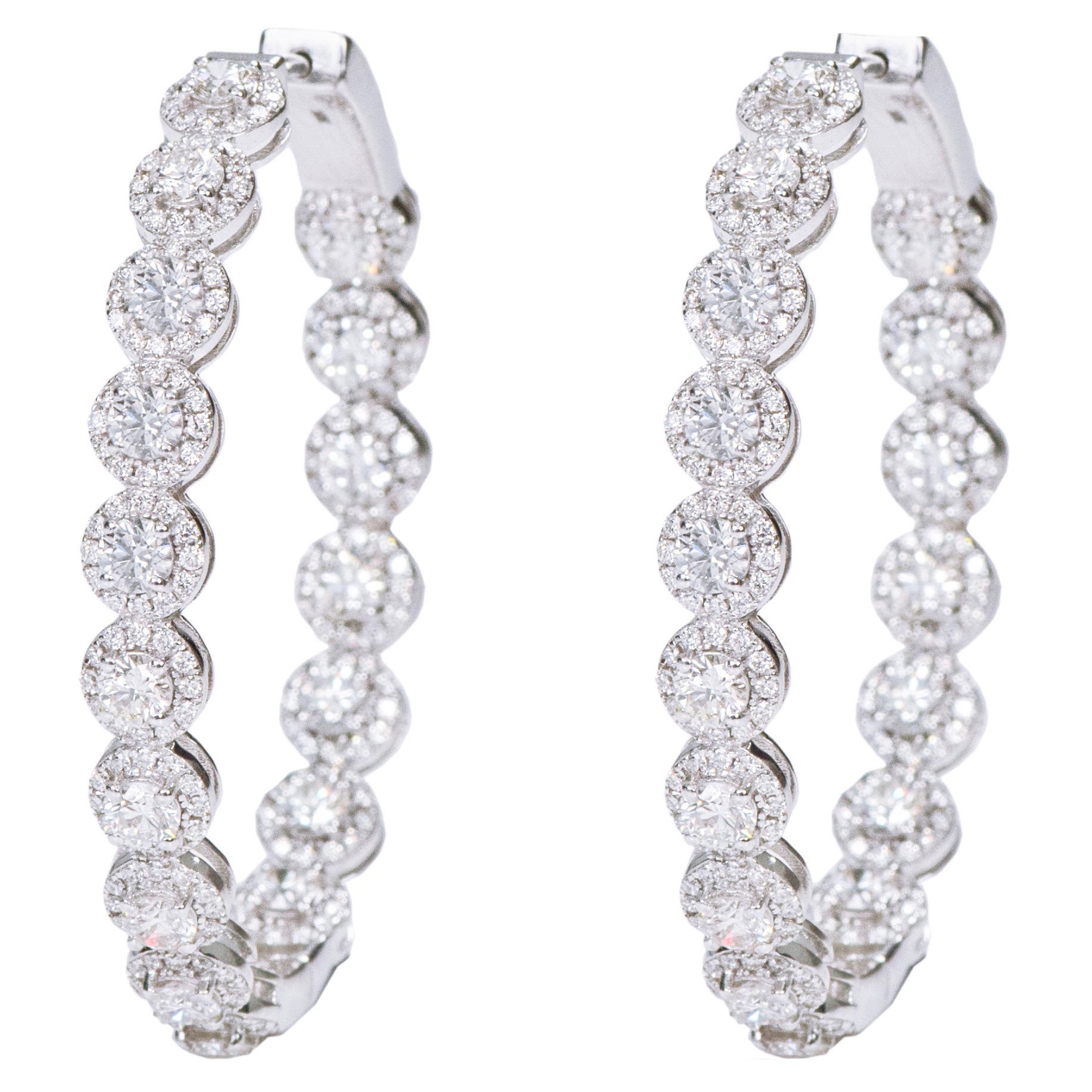 18 Karat White Gold 5.17 Carat Brilliant-Cut Diamond Cluster Hoop Earrings For Sale
