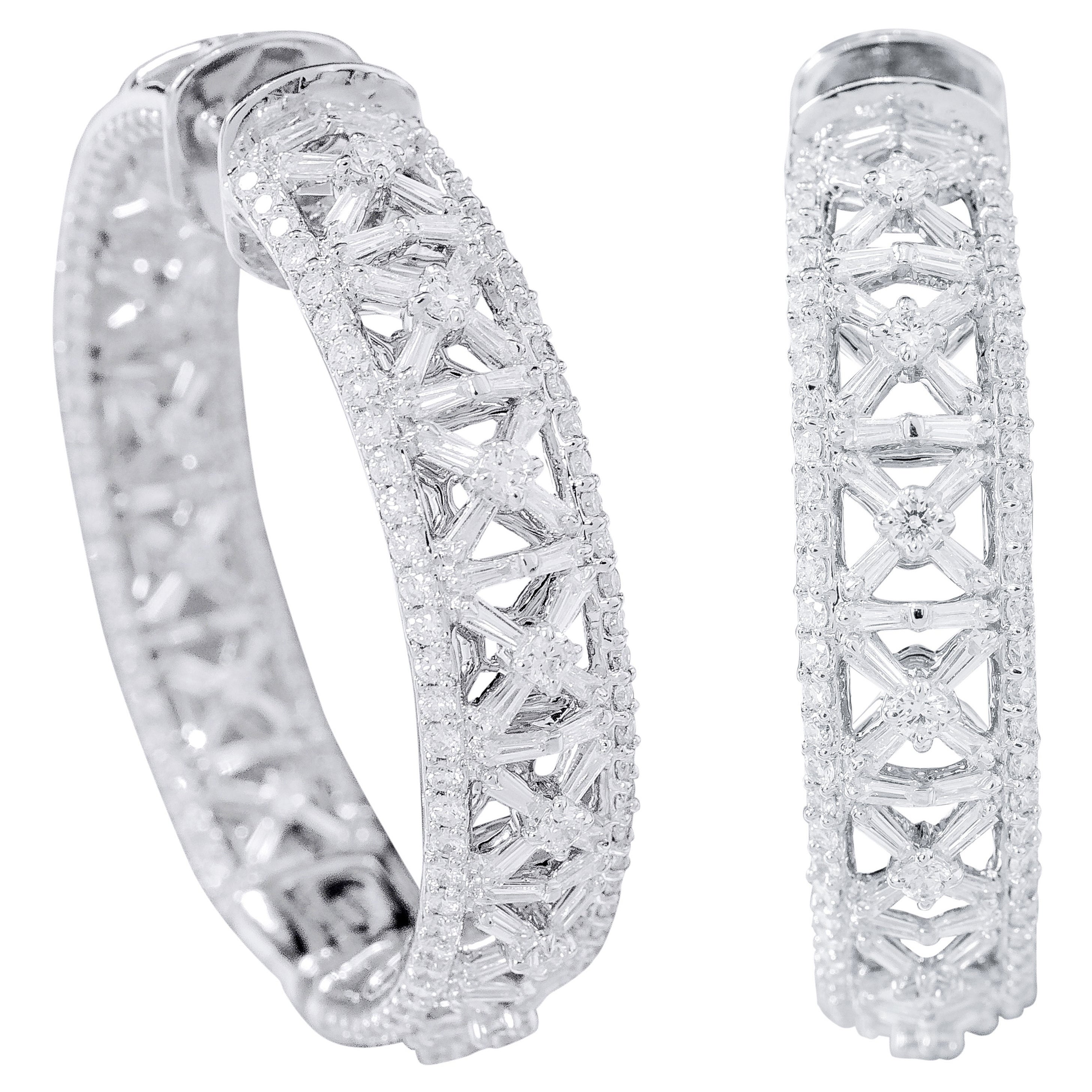 18 Karat White Gold 4.70 Carat Diamond Hoop Earrings For Sale