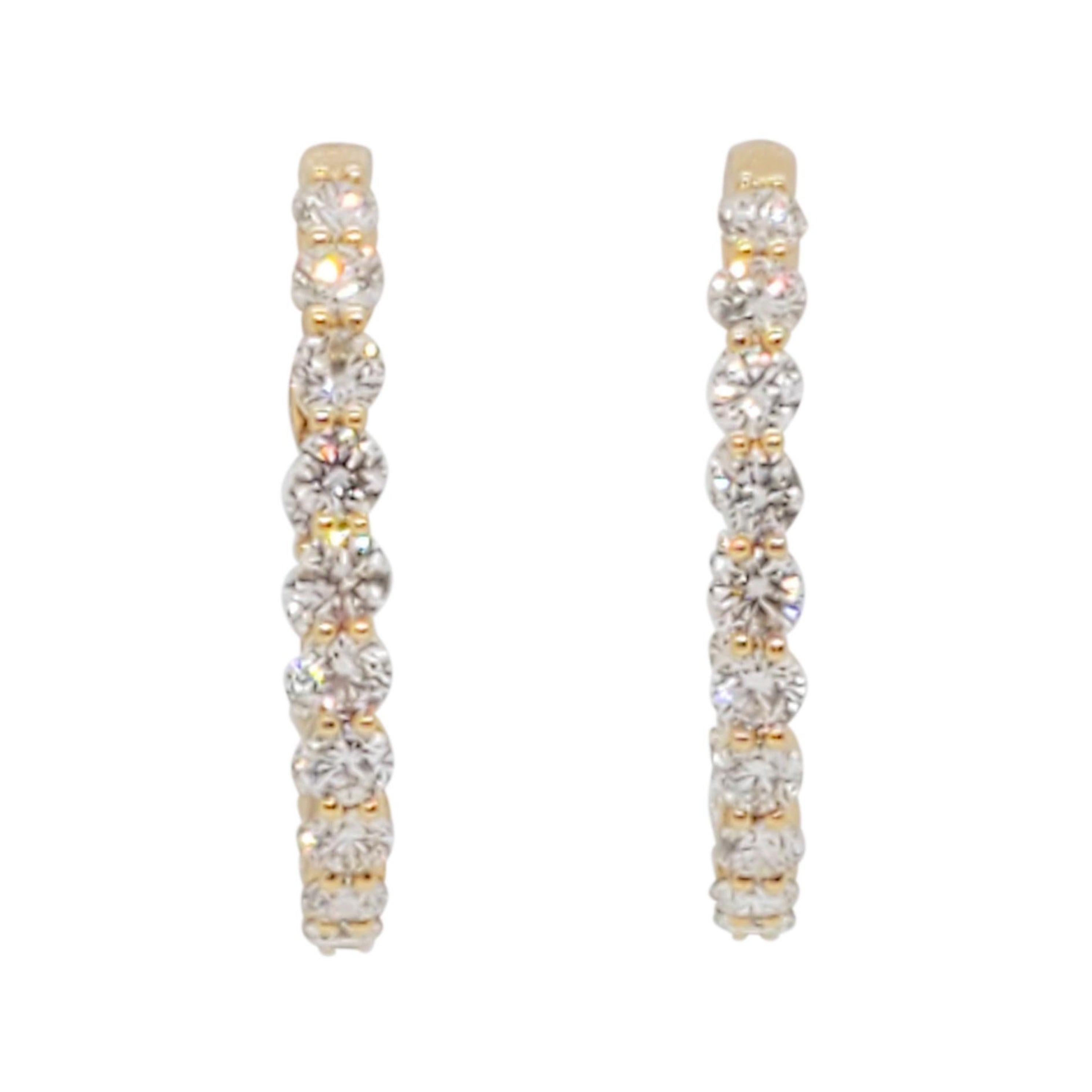  White Diamond Hoops in 18k Yellow Gold For Sale