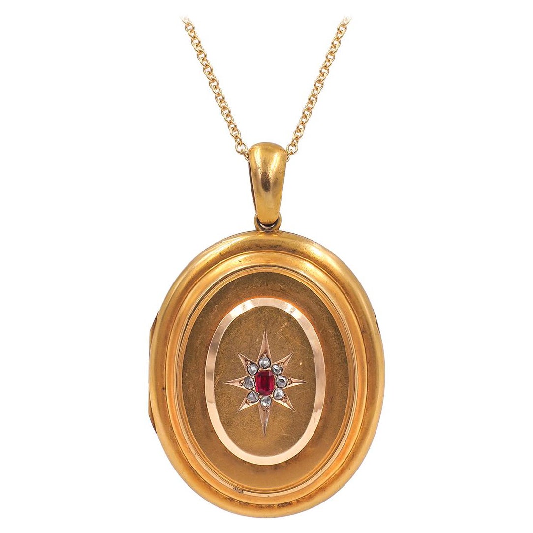 18 Karat Gold Victorian Ruby & Diamond Starburst Locket For Sale