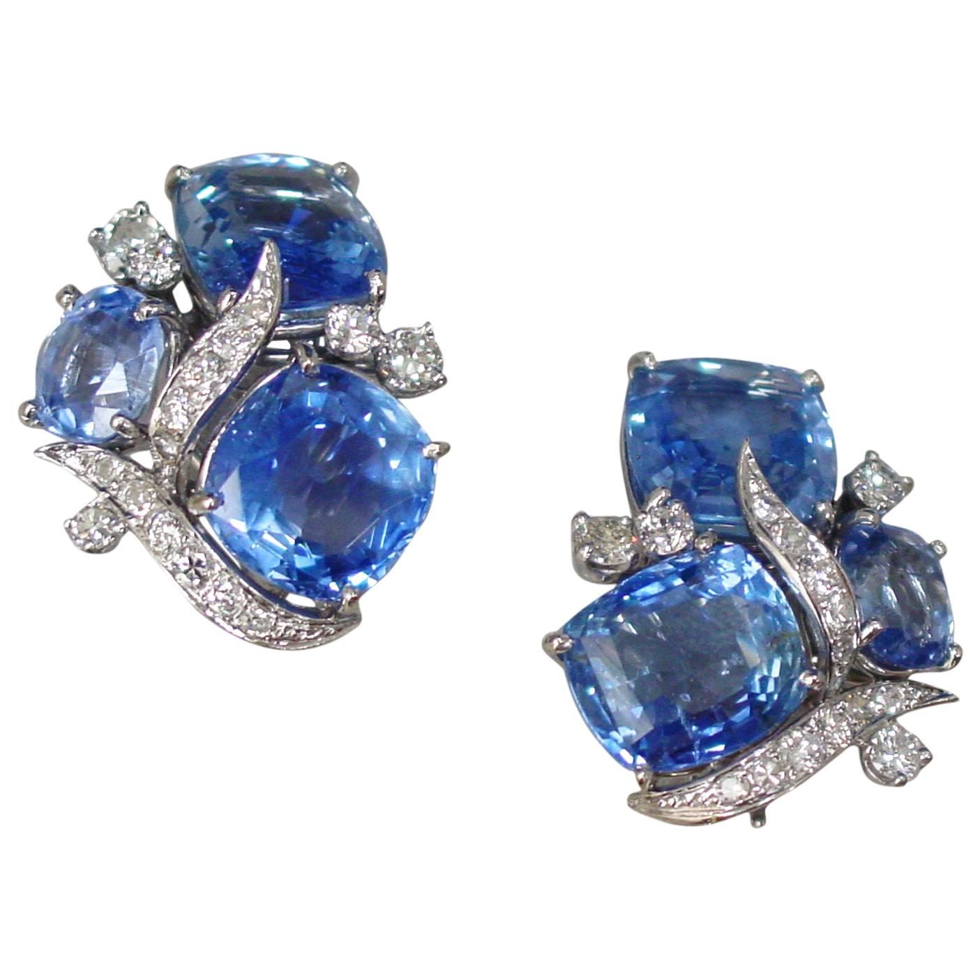 Sapphire Diamond Cluster Earrings For Sale