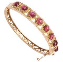 Edwardian Hand-Engraved Pink Tourmaline Gold Hinged Bangle Bracelet