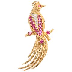 Vintage 1950s Kutchinsky Ruby Diamond Gold Figural Bird Of Paradise Brooch