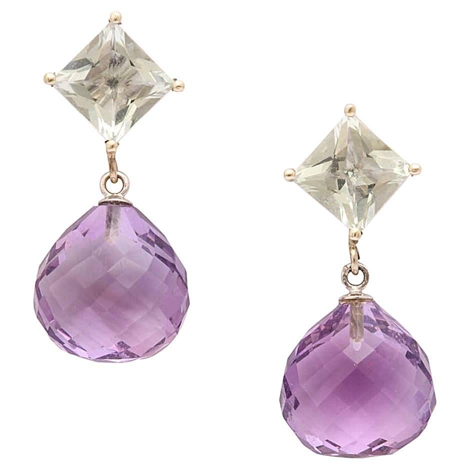 Stunning Green and Purple Amethyst Drop Earrings For Sale