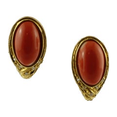 Diamonds, Red Stone, 18 Karat Yellow Gold Stud Earrings