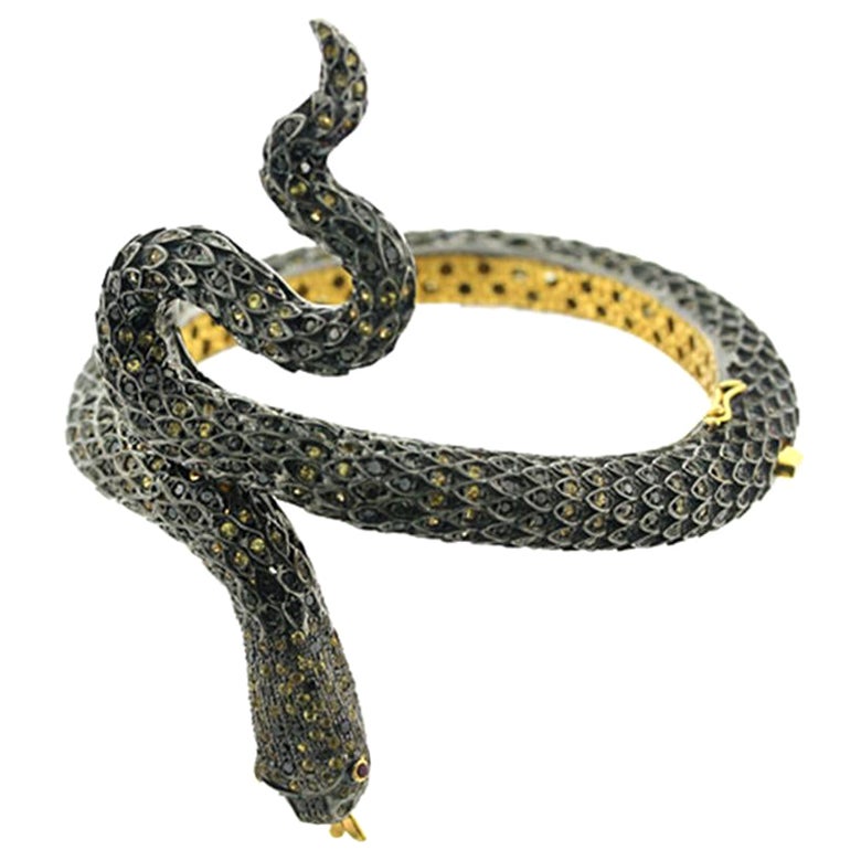 Snake Shaped Bangle With Sapphire & Pave Diamonds Made in 14k Gold & Silver For Sale