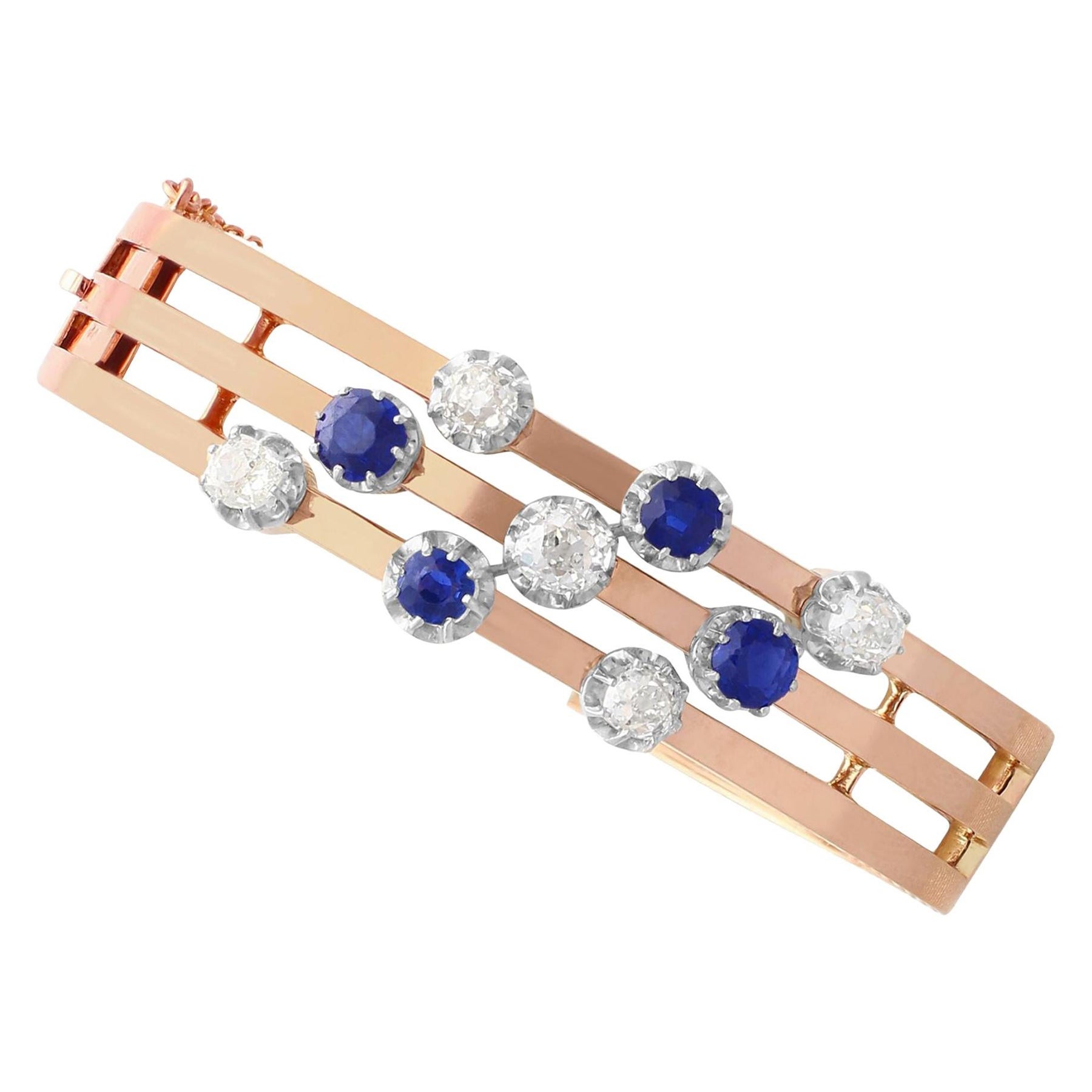 Antique French Sapphire and 2.05 Carat Diamond Rose Gold Bangle For Sale