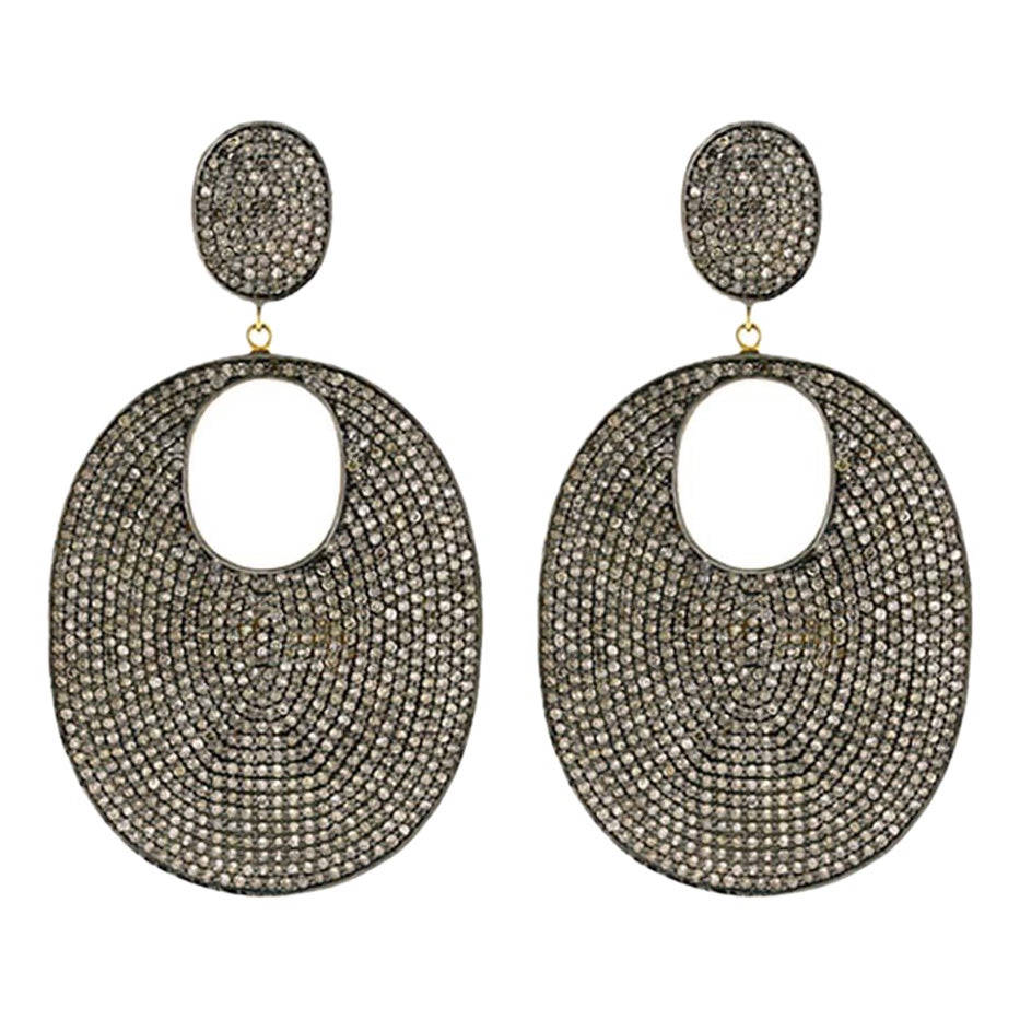 Oval Shaped Pave Diamonds Dangle Earrings Made in 14k Yellow Gold & Silver For Sale