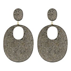 Boucles d'oreilles pendantes en or jaune 14k et argent avec diamants pavés de forme ovale