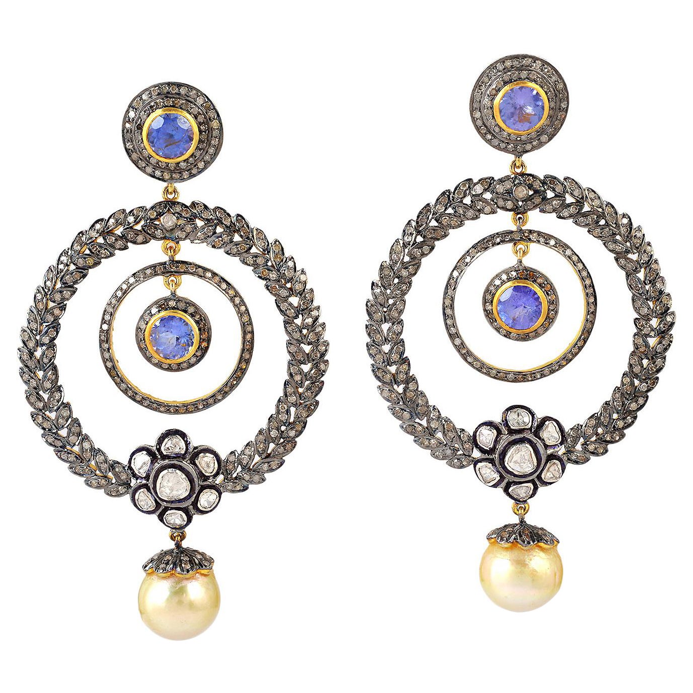 Pearl & Tanzanite Swirl Design Dangle Earring with Diamond Made in Gold & Silver