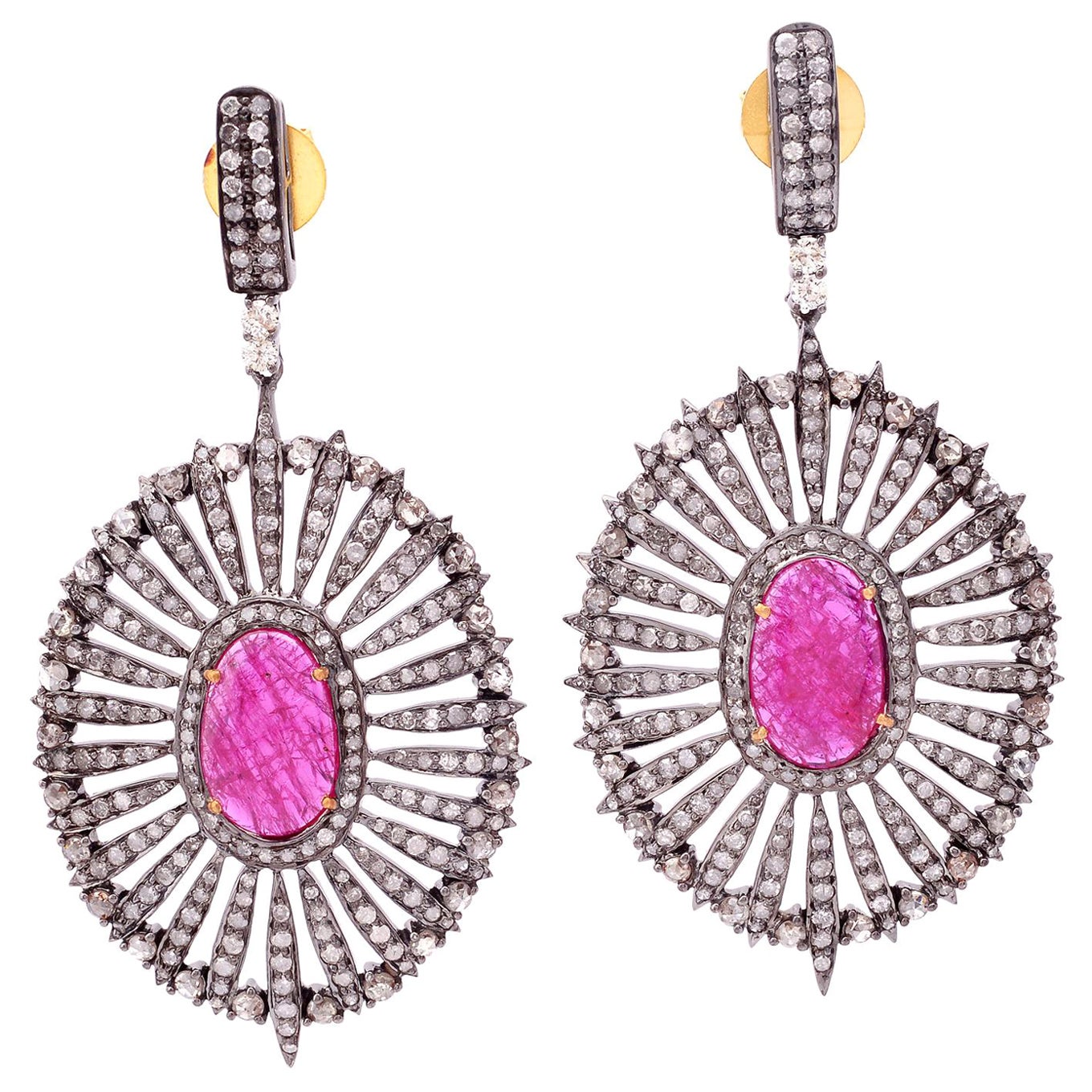 Oval Shaped Ruby Sunburst Earrings with Pave Diamonds In 18k Gold & Silver For Sale