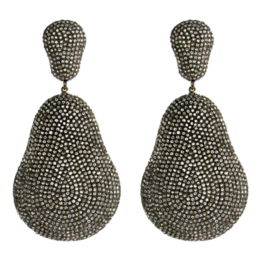 Nugget Shaped Pave Diamonds Dangle Earrings Made in 18k Yellow Gold & Silver For Sale