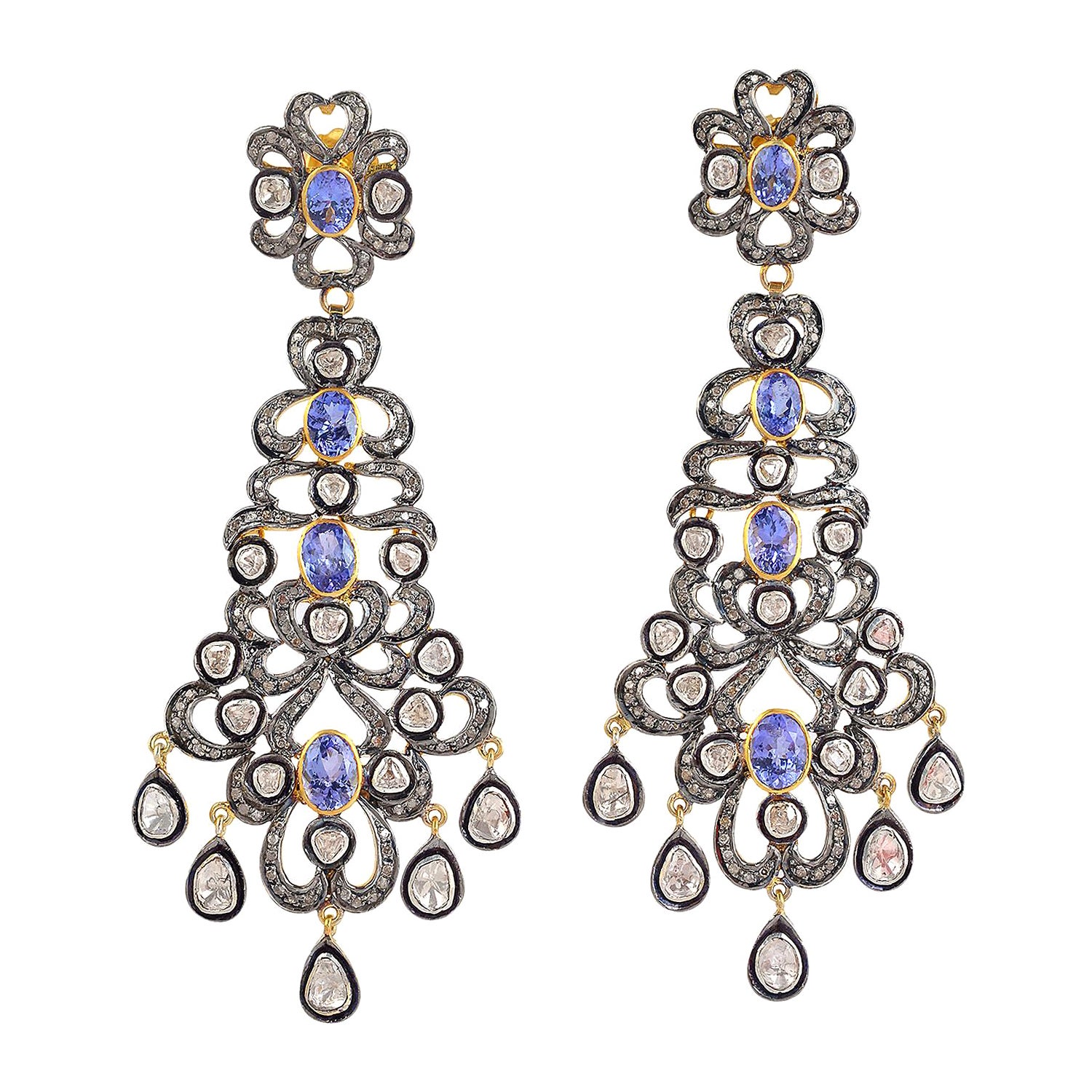 Boucles d'oreilles chandelier en or et argent avec tanzanite et diamants taille rose en vente