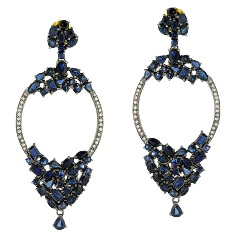 Blue Sapphire Earrings Embellished with Diamonds in 18k Yellow Gold & Silver