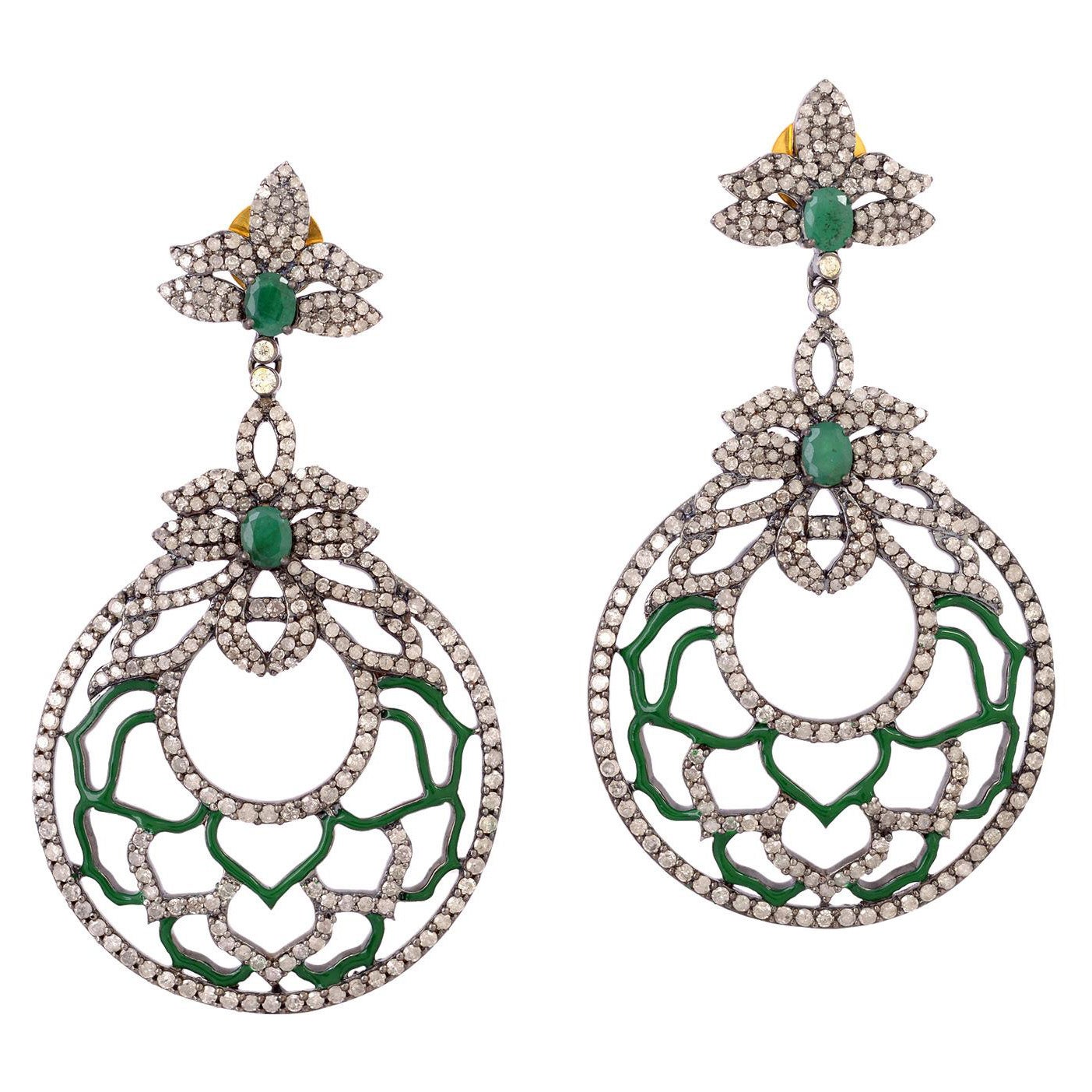 Flower Design Emerald Dangle With Green Enamel & Pave Diamonds