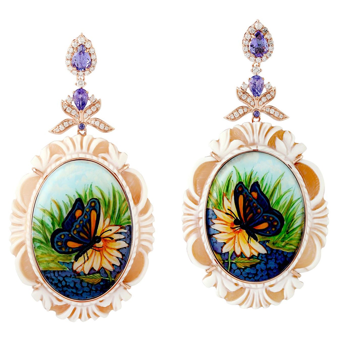 Butterfly Painted Shell Cameo Enamel Earring wth Tanzanite & Diamond Made in 18k For Sale
