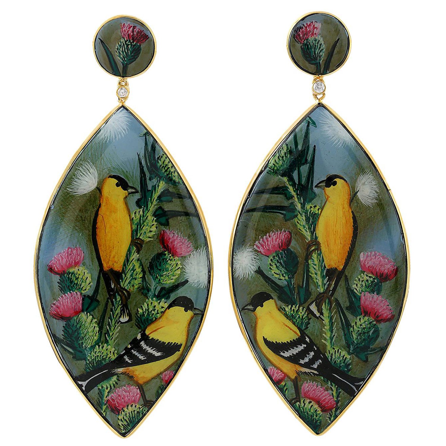 Hand Painted Bakelite Enamel Earrings Made in 18k Gold with Diamonds For Sale