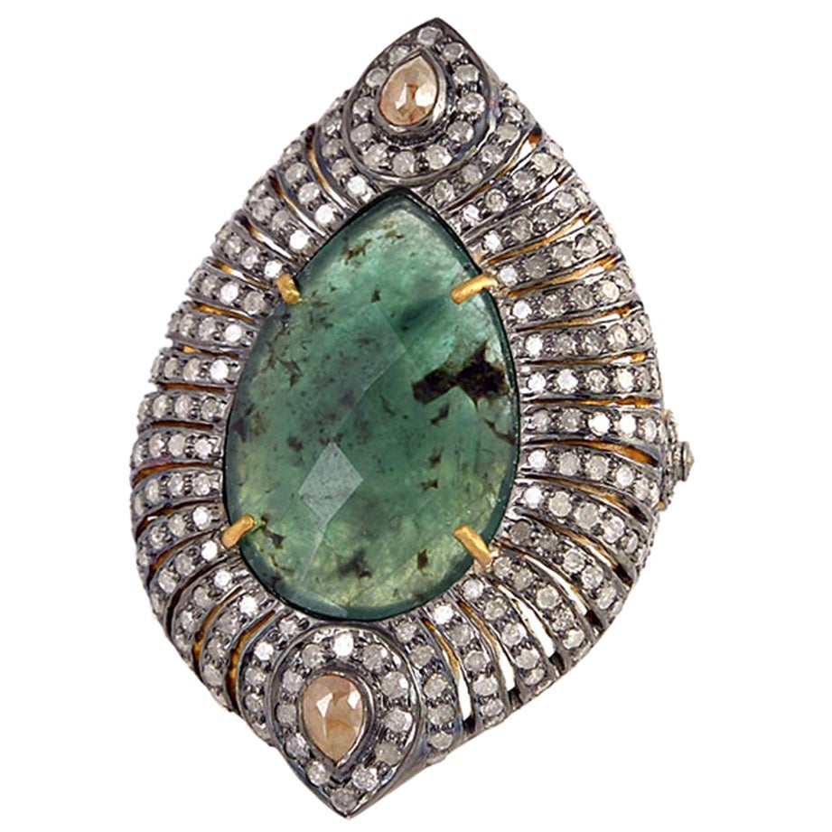 Designer Cocktail Ring with Center Emerald Stone Surrounded by Pave Diamonds For Sale