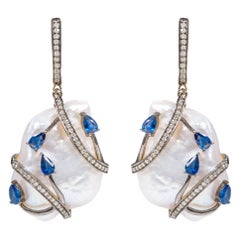 96.44 Carat Baroque Pearl, Sapphire, and Diamond Drop Earrings in Art Deco Style