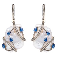 96.44 Carat Baroque Pearl, Sapphire, and Diamond Drop Earrings in Art Deco Style