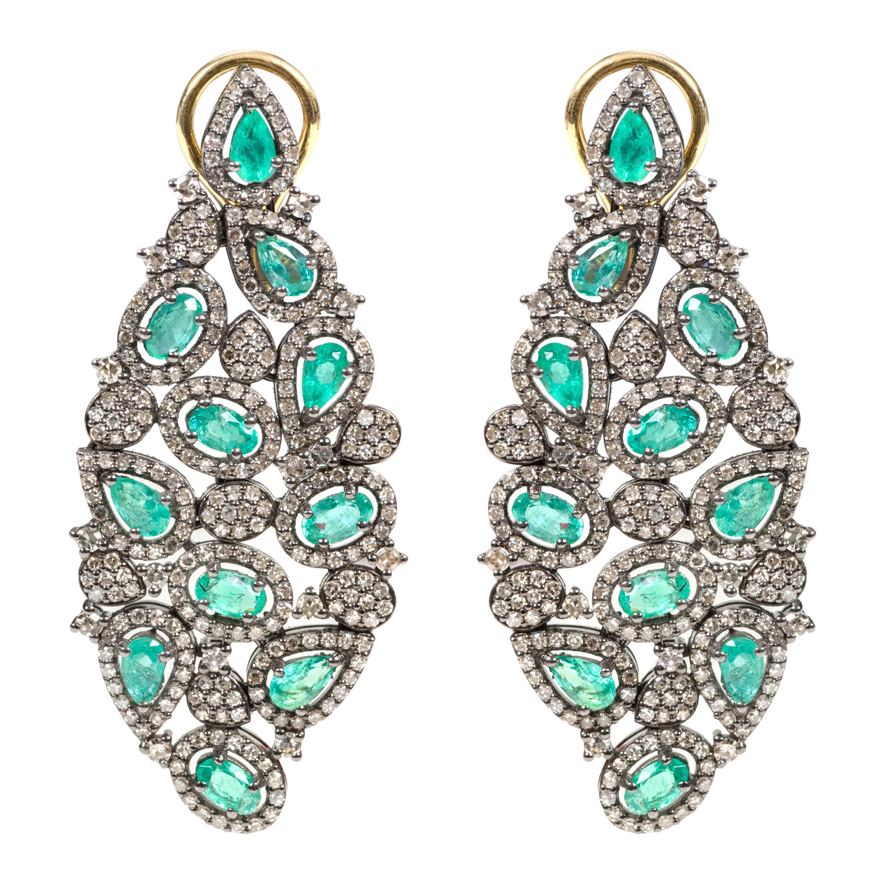 Emerald and Diamond Cocktail Leaf Earrings in Victorian Style For Sale
