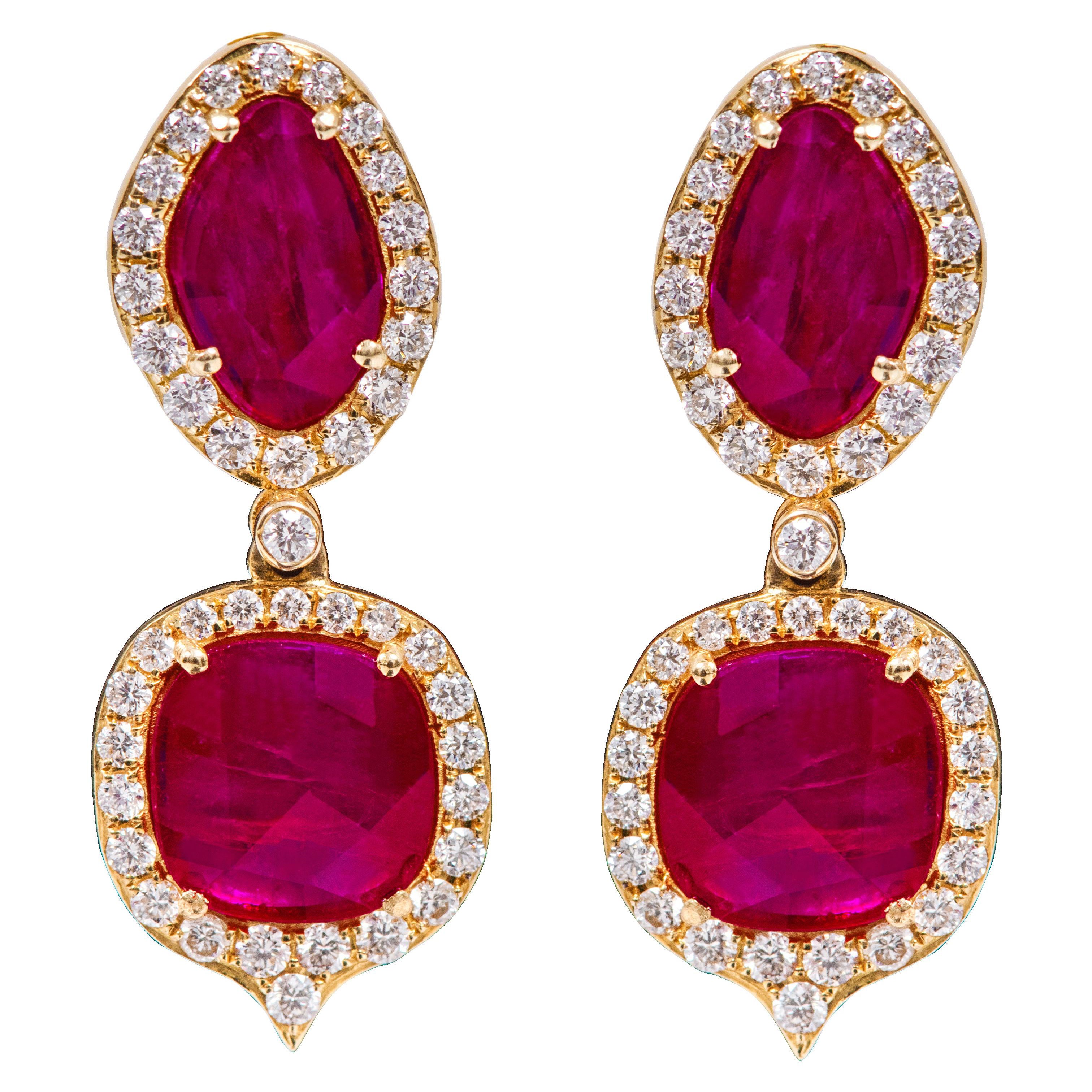 18 Karat Yellow Gold 3.12 Carat Ruby and Diamond Drop Earrings For Sale