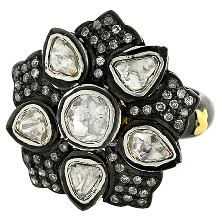 Vintage Style Ring with Rose Cut Diamonds Surrounded by Pave Diamonds For Sale