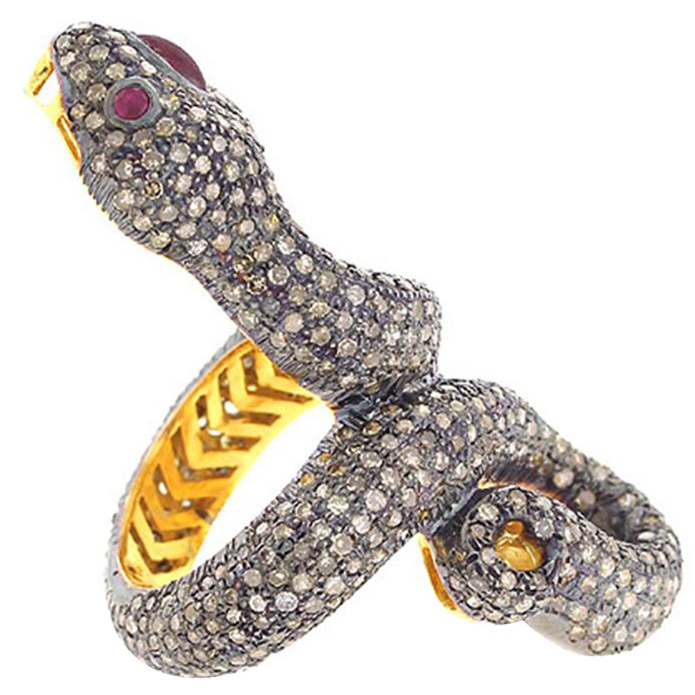 Antique Design Snake Shape Long Ring with Ruby & Pave Diamonds in Gold & Silver For Sale