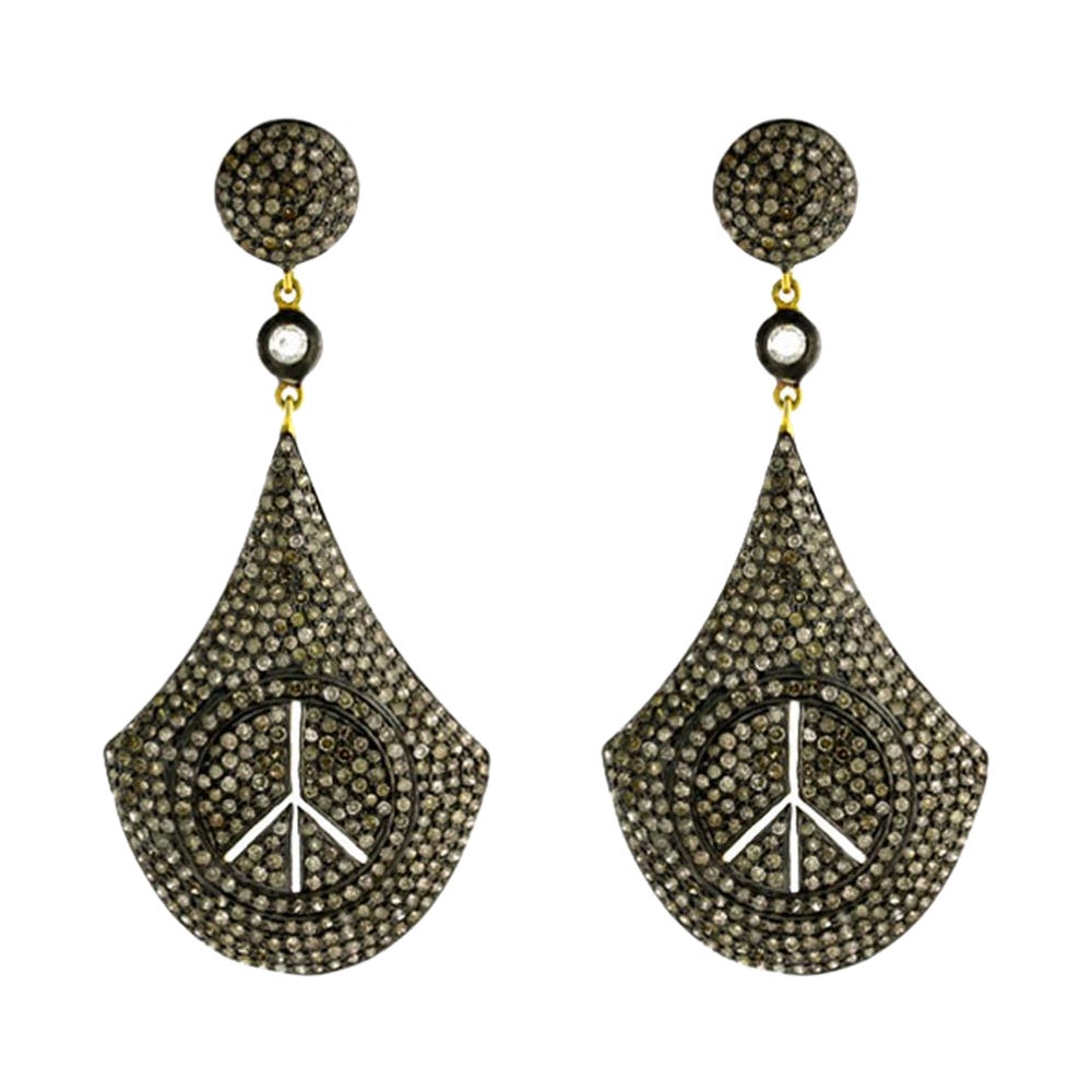 Pear Shaped Pave Diamond Earrings with Peace Sign in 18k Yellow Gold & Silver For Sale