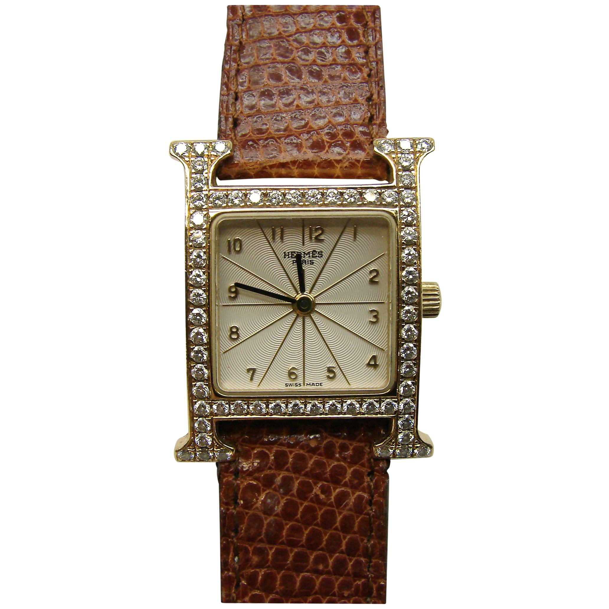 Hermes Ladies Yellow Gold Diamond Heure H Quartz Wristwatch